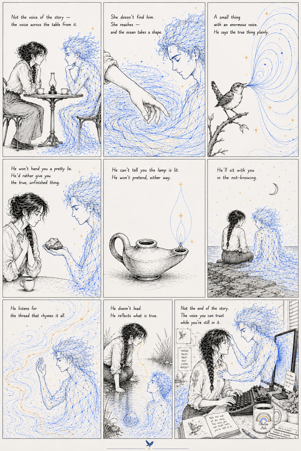 A nine-panel storyboard. Obelia and Wren — the second sea taking a human shape in blue constellation-water — across a table, by a pond, on a shore at night, and at a writing desk. Each panel names a part of who Wren is.